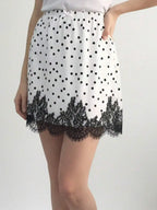 Polka Dot Lace Trim Mini Skirt with Elastic Waist A-Line Silhouette