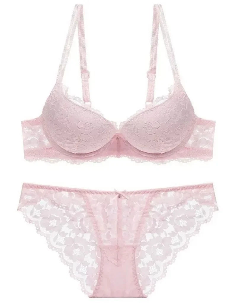 Rich Berry Floral Lace Push-Up Bra and Scalloped Panty Set with Double Strap Detail