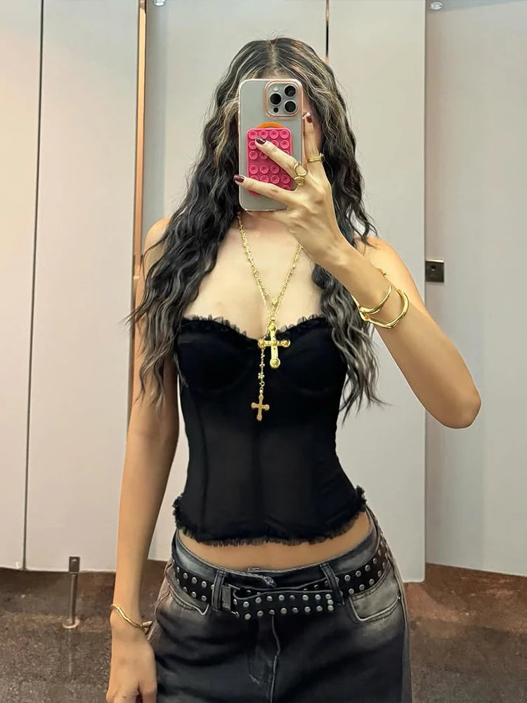 Strapless Corset Crop Top with Structured Seam Detail and Slim Fit Streetwear Style