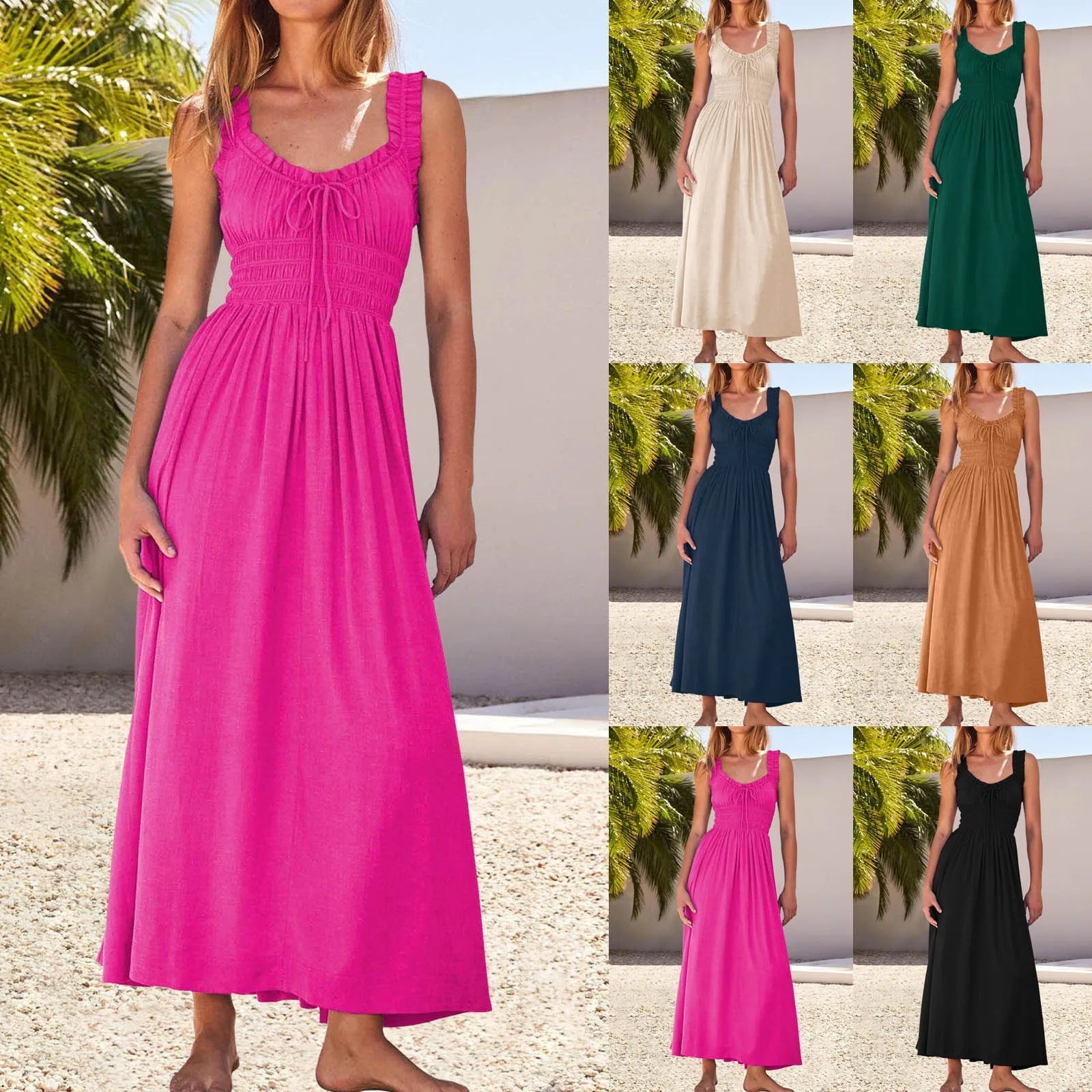 Sleeveless Lace Up Maxi Dress with Relaxed A-Line Boho Silhouette