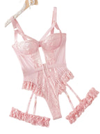 Romantic Light Pink Floral Lace Longline Garter Lingerie Set