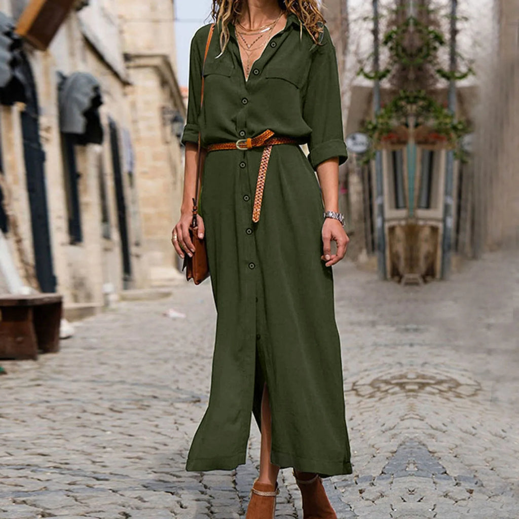 Relaxed Linen Blend Shirt Maxi Dress with Belt and Long Sleeves