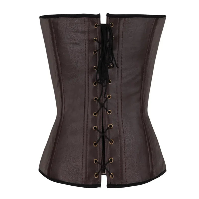 Brown Faux Leather Steampunk Halter Corset with Metal Buckles and Side Lacing