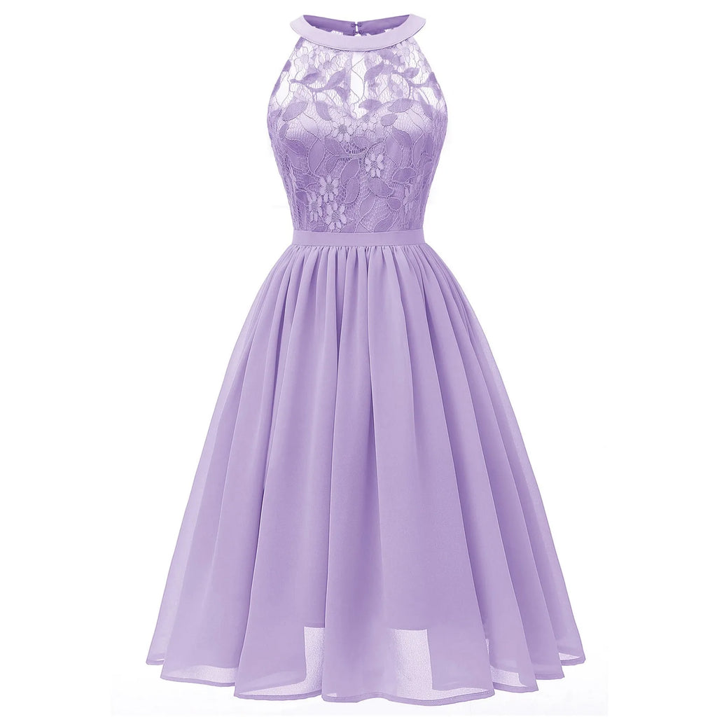 Sleeveless A-Line Chiffon-Style Dress with Lace Halter Bodice