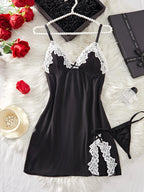 Sleek Black Satin-Finish Chemise with White Lace Appliqué and Matching Panty