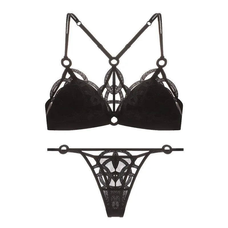 Edgy Black Geometric Strappy Wire-Free Bra and Thong Set