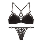 Edgy Black Geometric Strappy Wire-Free Bra and Thong Set