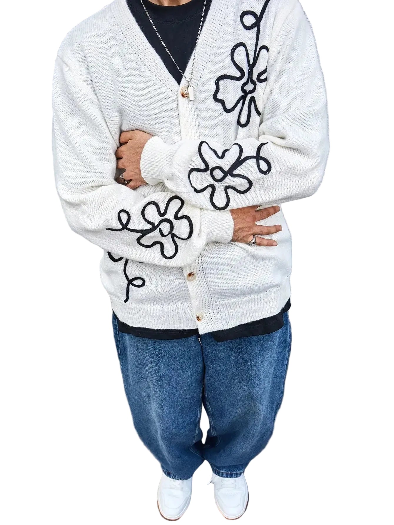 Men's Oversized Button Front Cardigan with Relaxed Drop Shoulder Knit Design