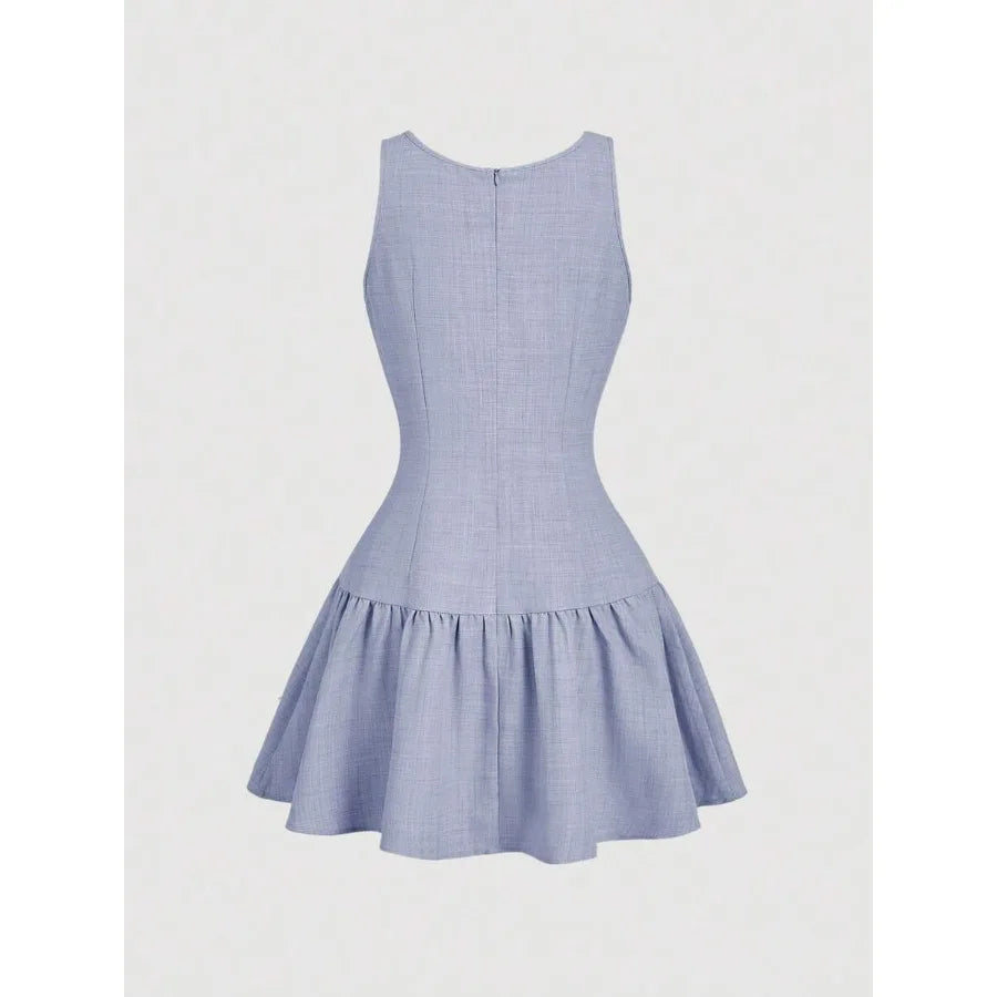Button Front Mini Dress with Bow Detail and Flared Hem Silhouette