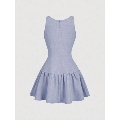 Button Front Mini Dress with Bow Detail and Flared Hem Silhouette