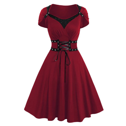 Alternative Gothic Fit and Flare Dress with Corset-Inspired Waist Detailing - BigCat Streetwear