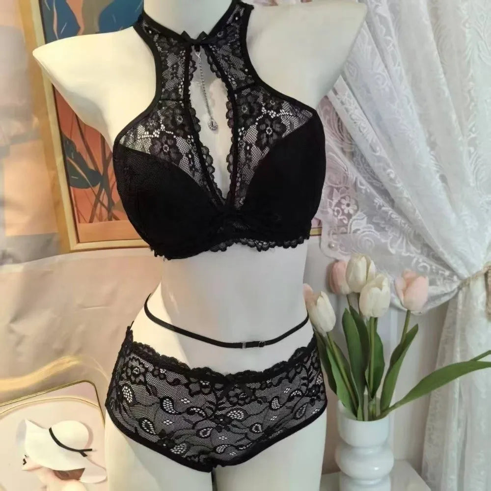 Crisp White Floral Lace High-Neck Halter Bralette and Panty Set