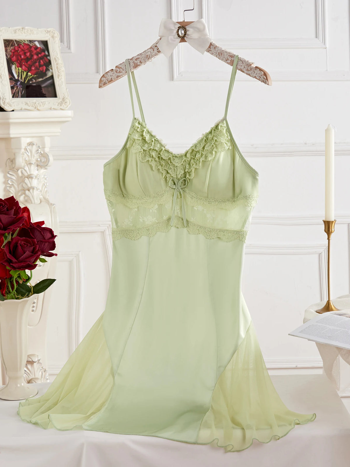 Elegant Mint Green Satin-Finish Slip Dress with Sheer Lace Trim and Flared Hem