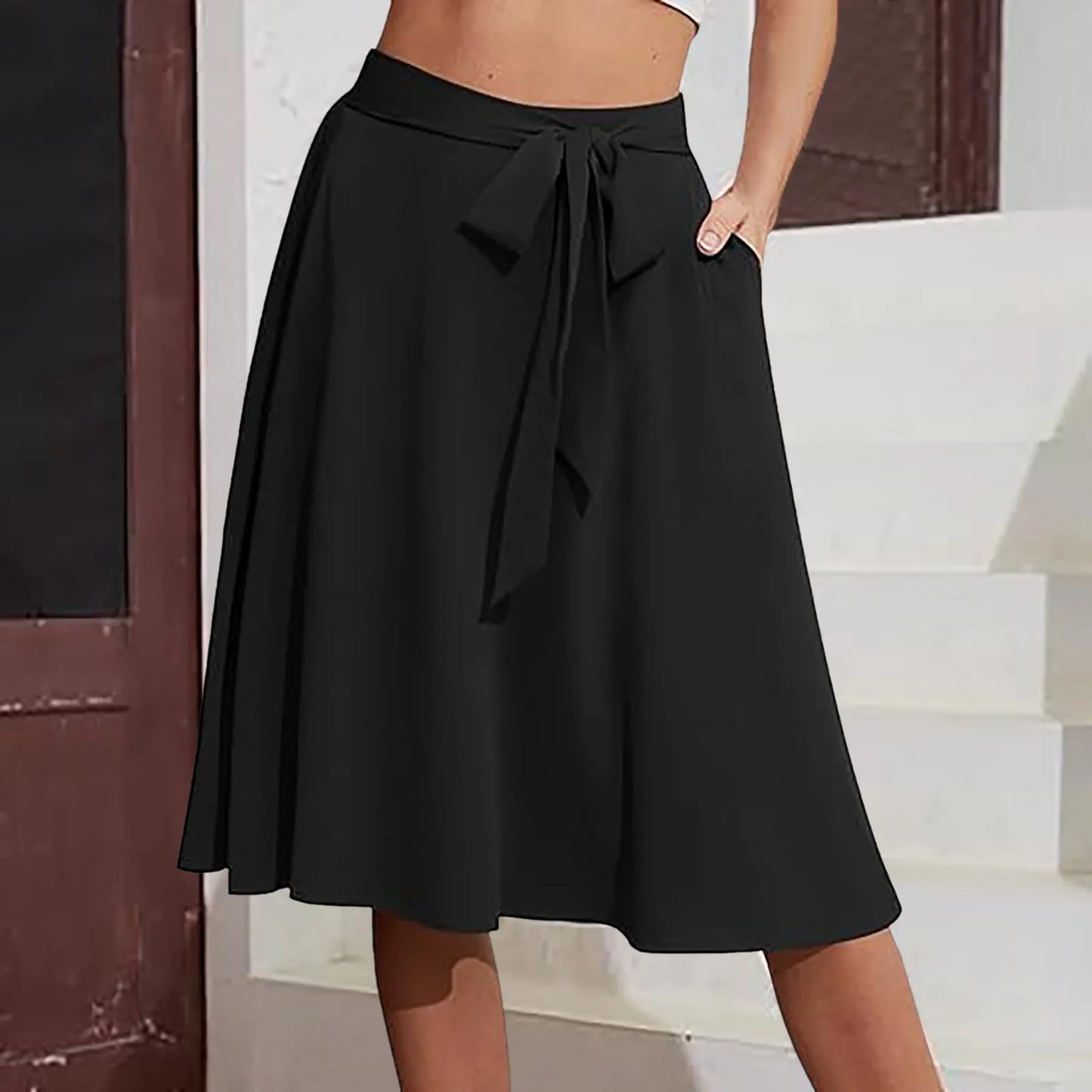 High Waist Lace-Up A-Line Midi Skirt with Pockets Casual Contemporary Everyday Style