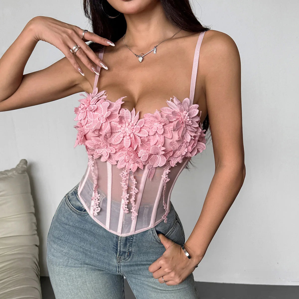 Romantic Light Pink Sheer Mesh Bustier with 3D Floral Appliques and Slender Straps