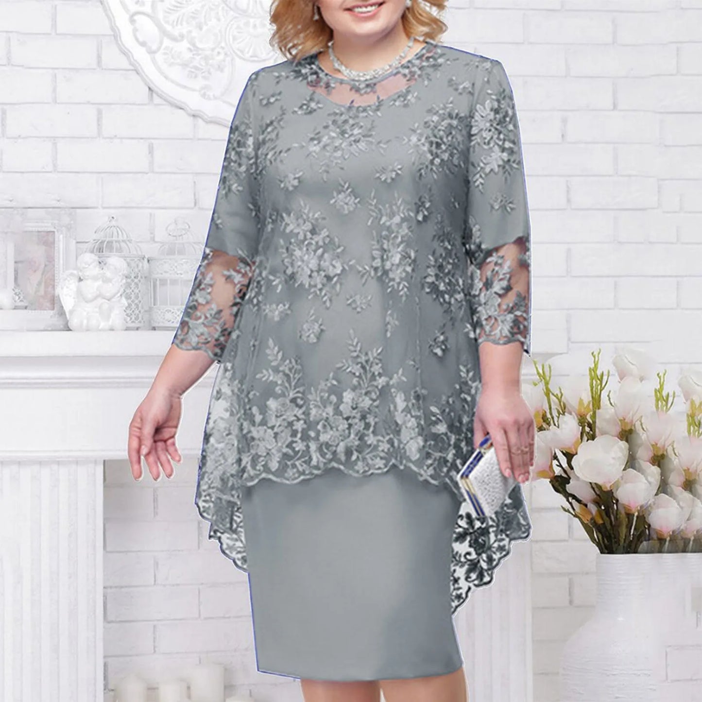 Elegant Floral Lace Overlay Alternative Occasion Midi Dress