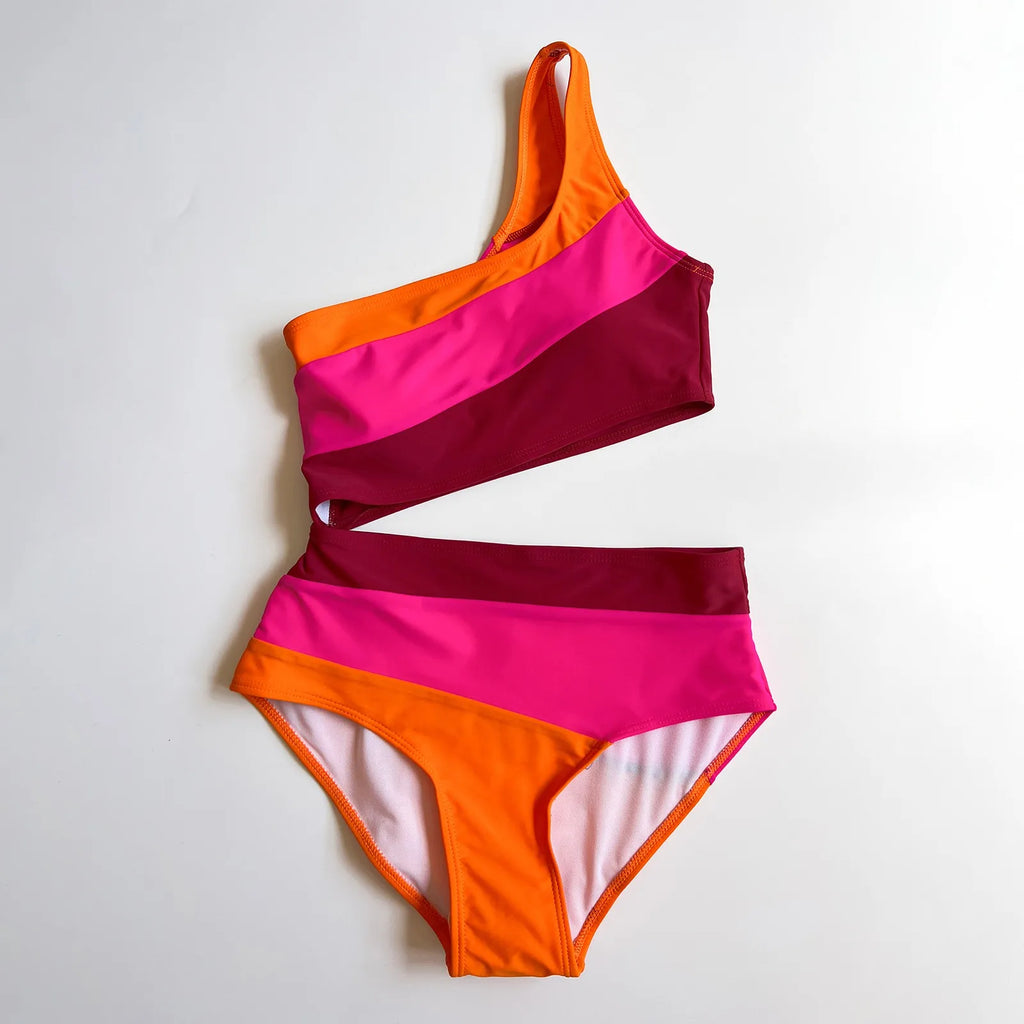 Color-Block One-Shoulder Bikini Set with Asymmetrical Neckline, Side Cutout Detail and Matching Low-Rise Bottom