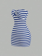 Striking Red and White Striped Strapless Bodycon Tube Dress