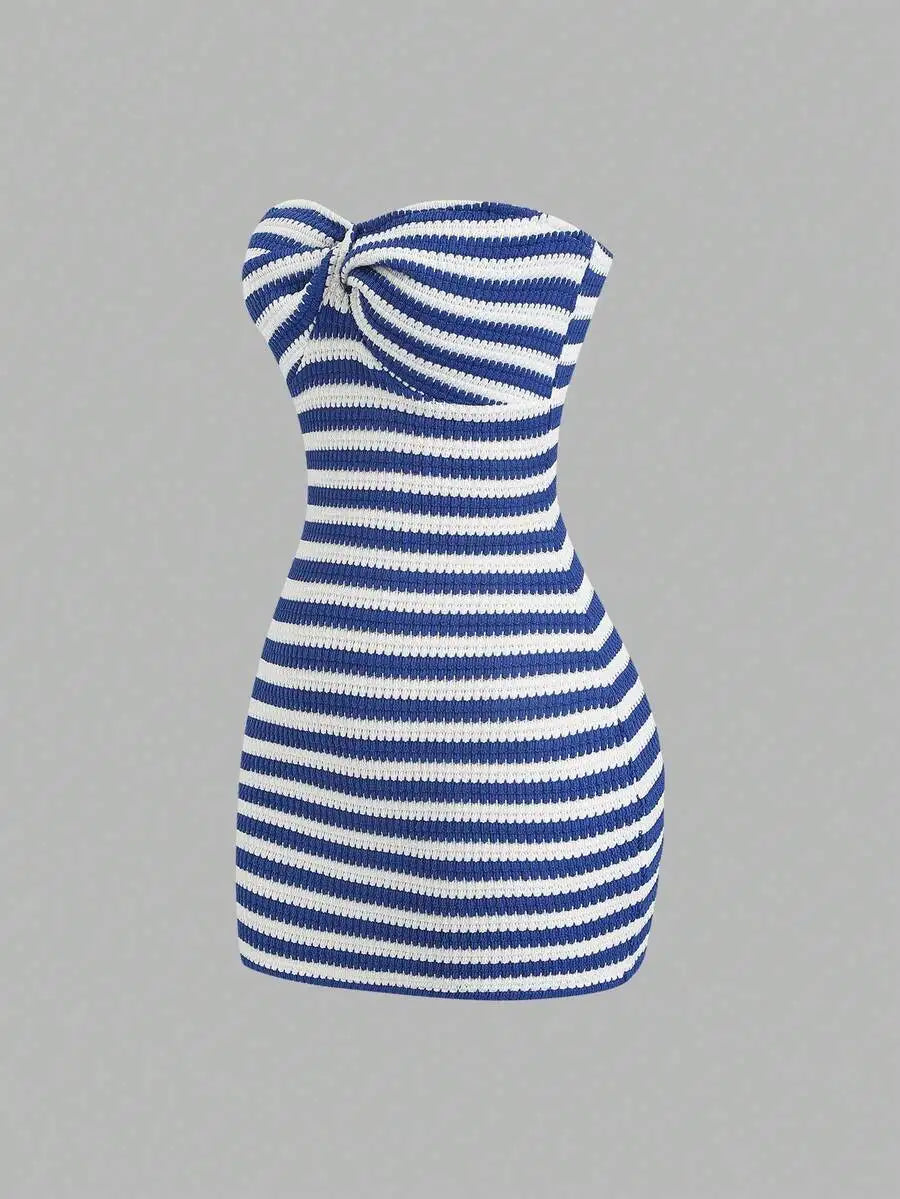 Striking Red and White Striped Strapless Bodycon Tube Dress