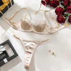 Lustrous Ruched Satin Demi Bra and Minimalist String Thong Set