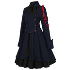 Vintage-Inspired Blue Victorian Coat Dress with Red Shoulder Cording and Bow Collar