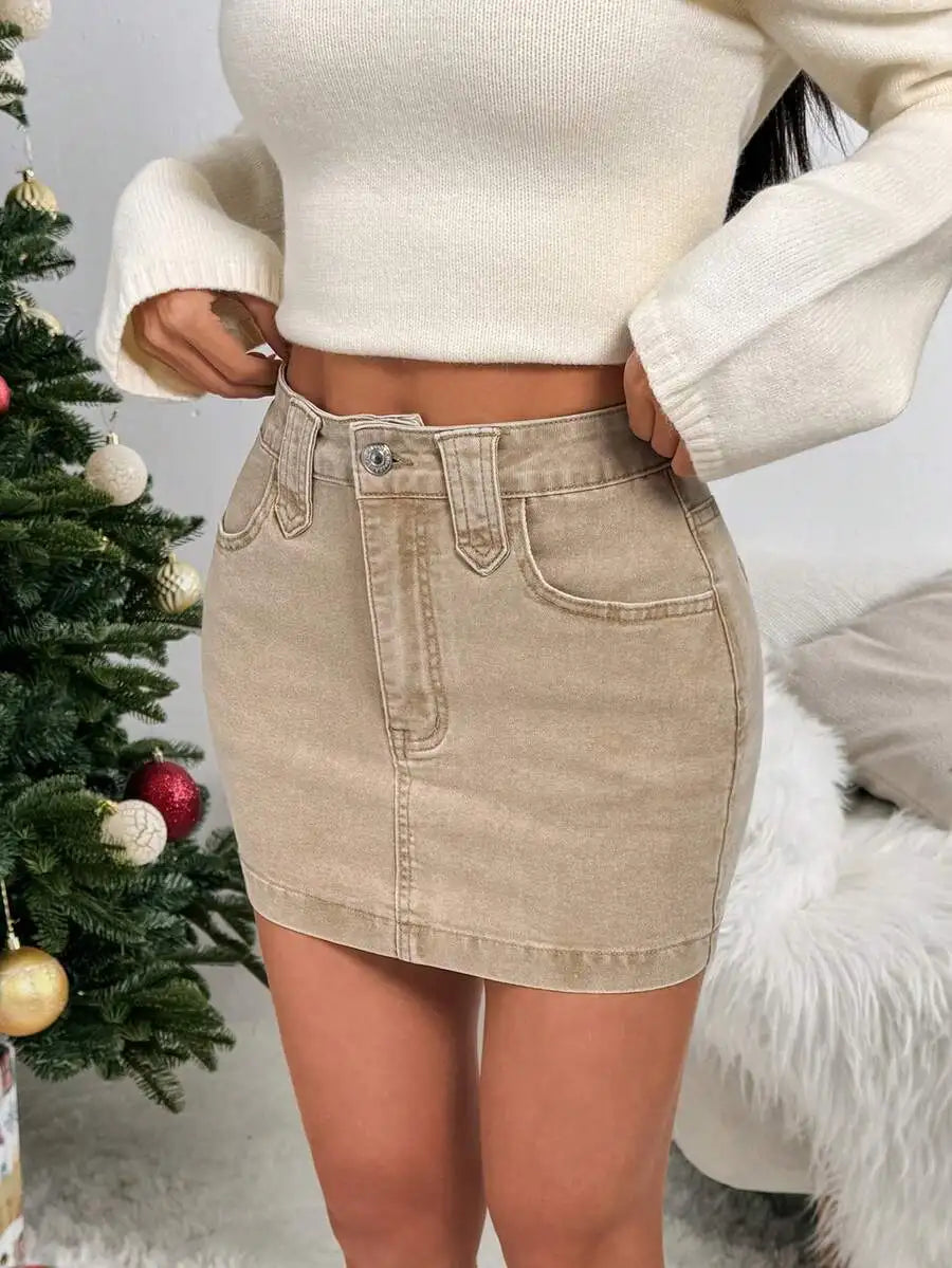 Washed Denim Bodycon Mini Skirt with Front Pockets and Slim Fit