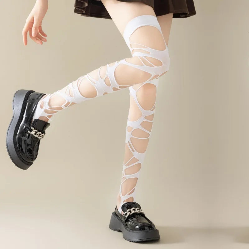 Crisscross Distressed Fishnet Pantyhose Punk Y2K Alternative Fashion Tights