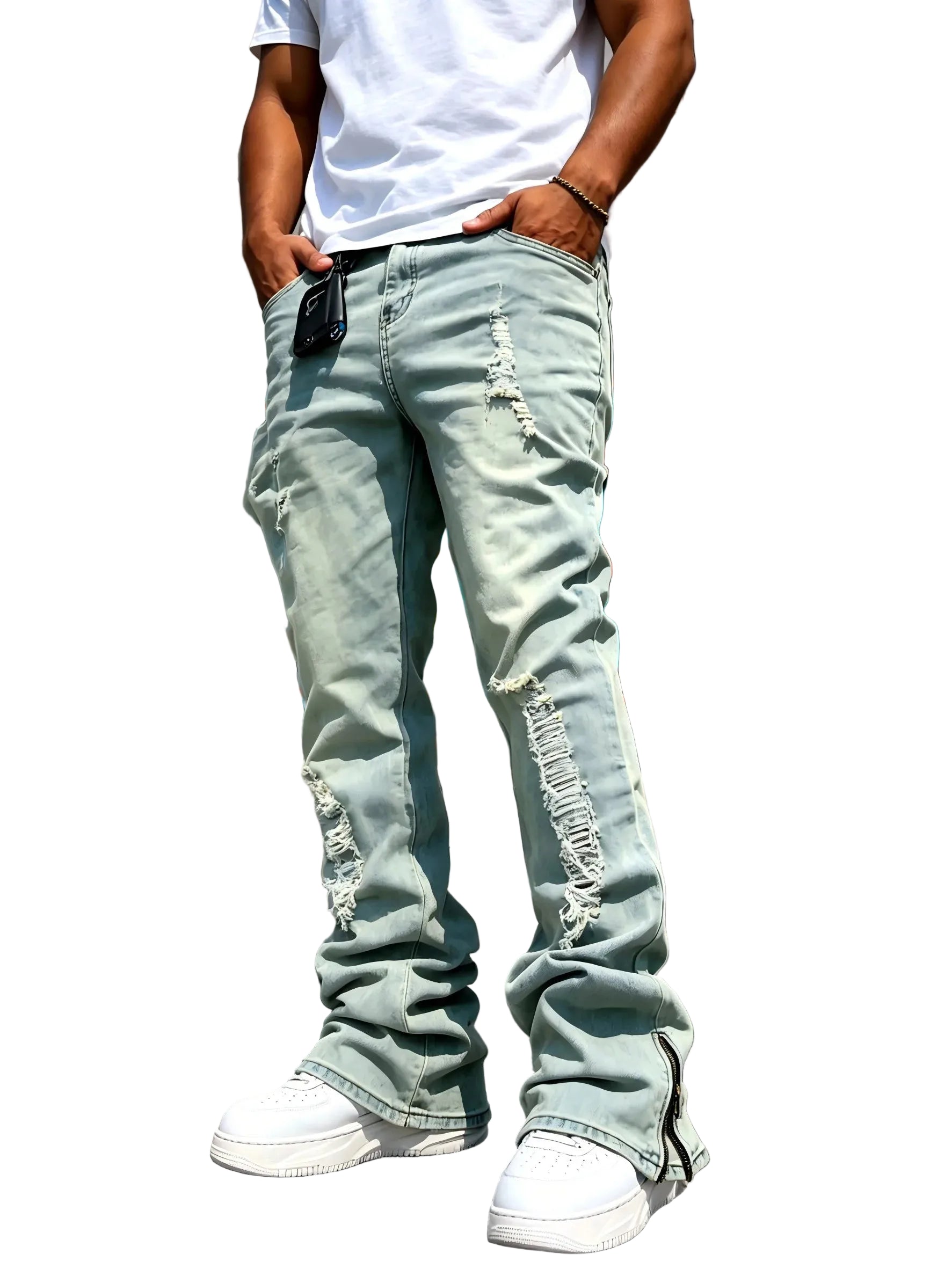 Men's Vintage Wash Flared Denim Jeans with Distressed Details and Relaxed Streetwear Fit