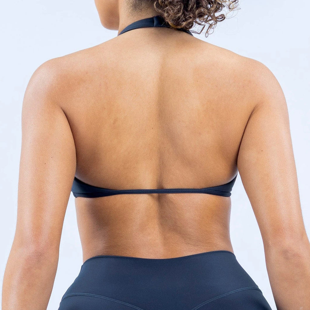Sleek Wrap-Front Halter Sports Bra with Open Back Design