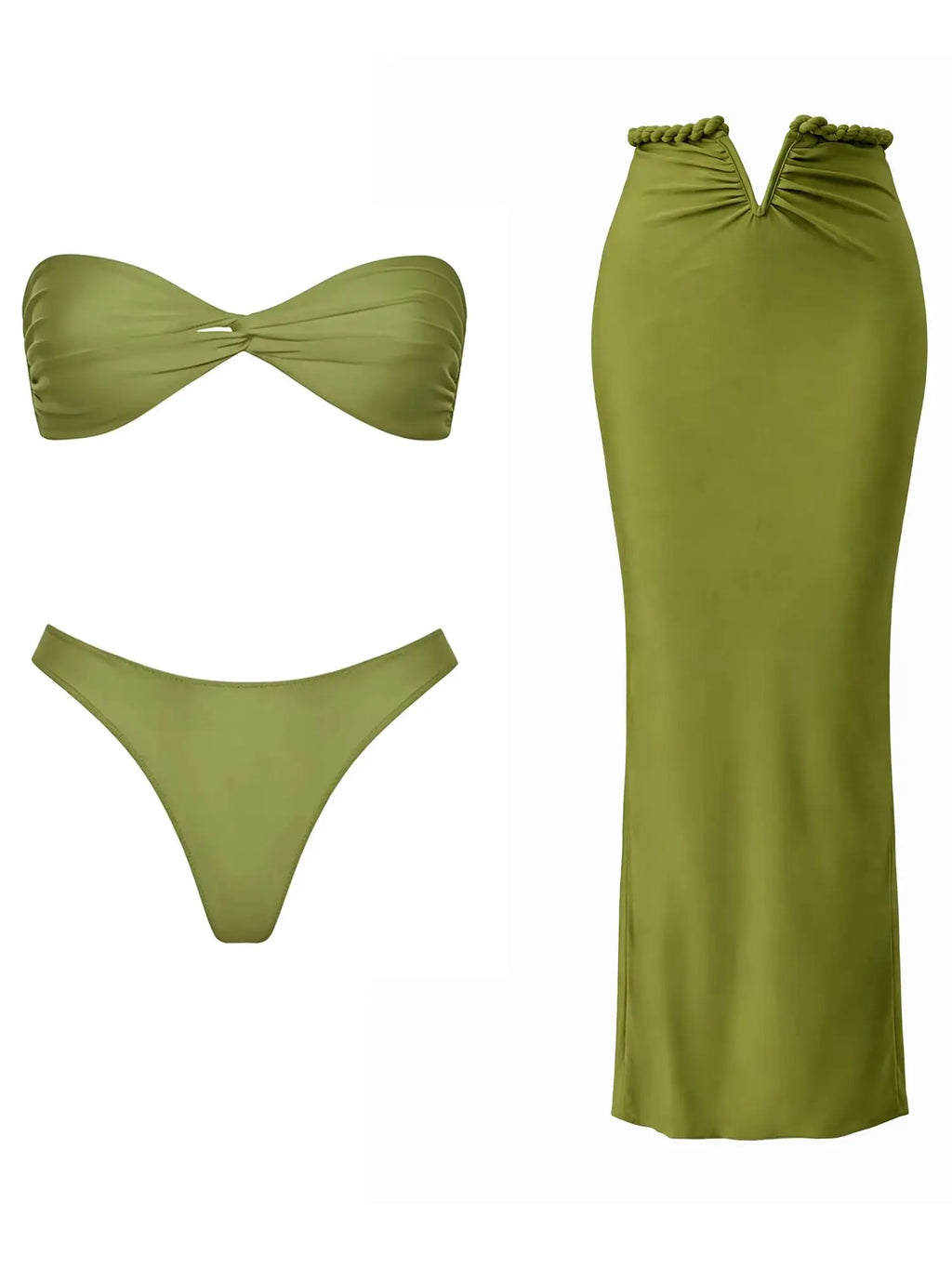 Solid Olive Green Bandeau Swim Set with Draped Maxi Skirt Cover-Up