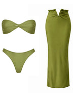 Solid Olive Green Bandeau Swim Set with Draped Maxi Skirt Cover-Up