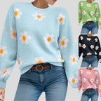 Floral Pattern Knit Pullover Sweater with Ribbed Trim and Relaxed Fit