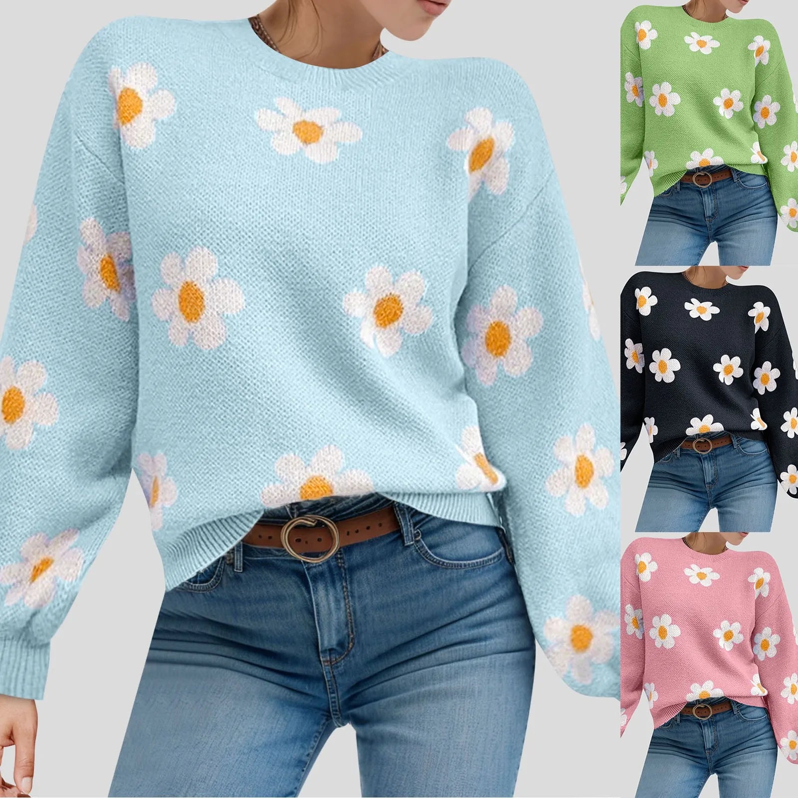 Floral Pattern Knit Pullover Sweater with Ribbed Trim and Relaxed Fit