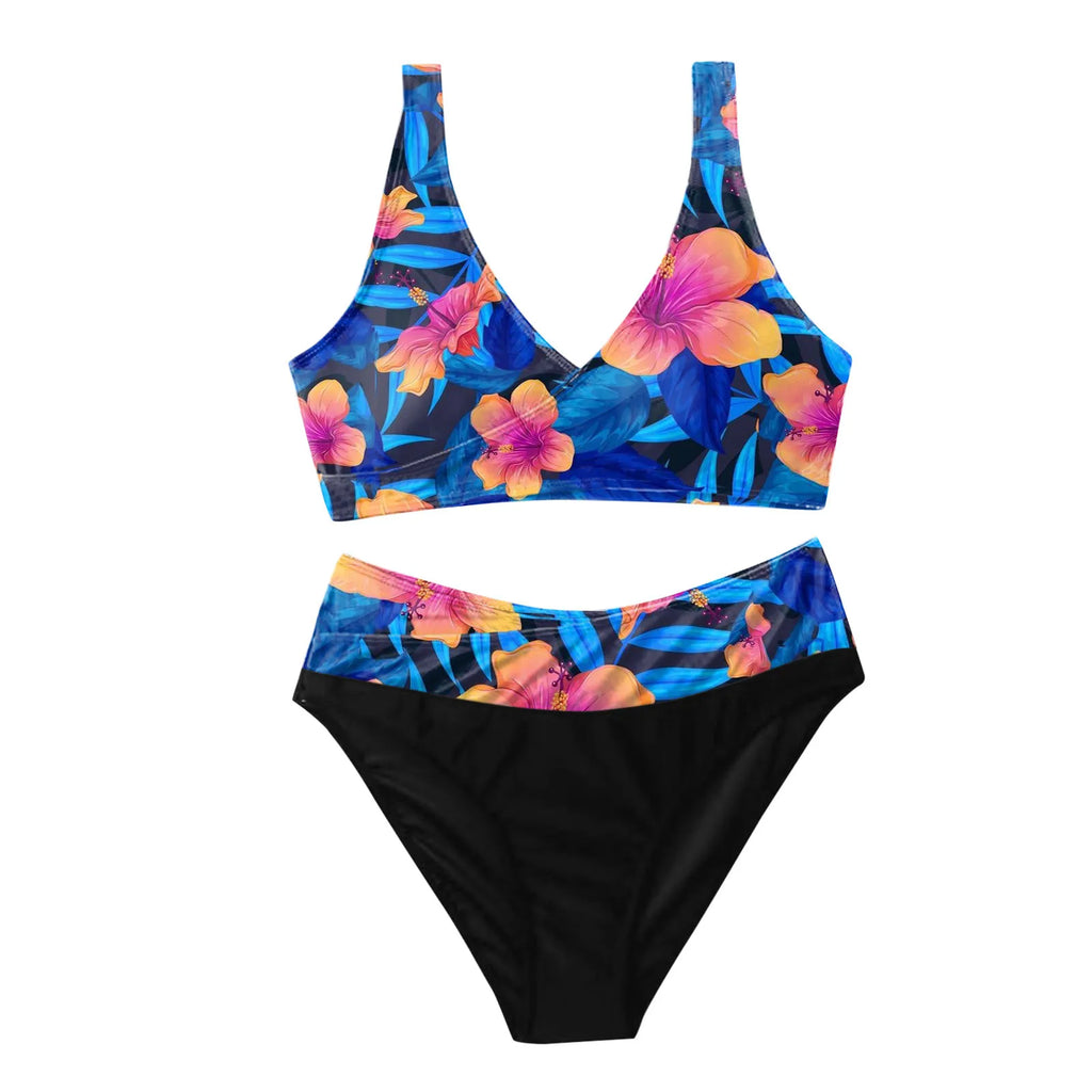 Floral V-Neck Two-Piece Bikini Set with High-Impact Botanical Print, Shaped Top and Coordinated Swim Bottom