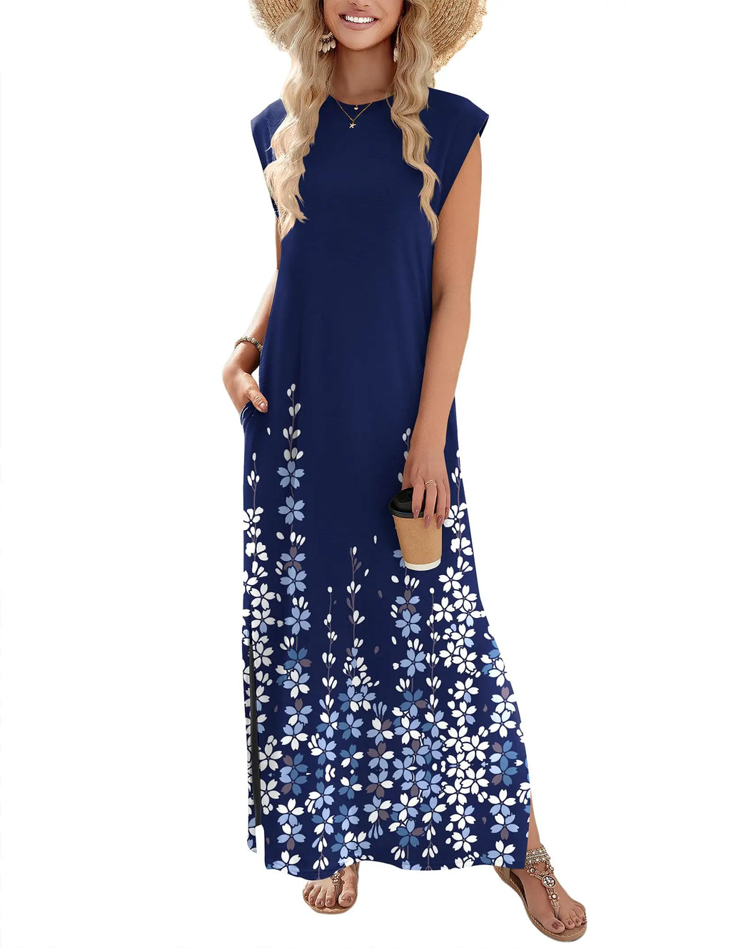 Loose Fit Sleeveless Floral Maxi Dress with Pockets for Casual Styling