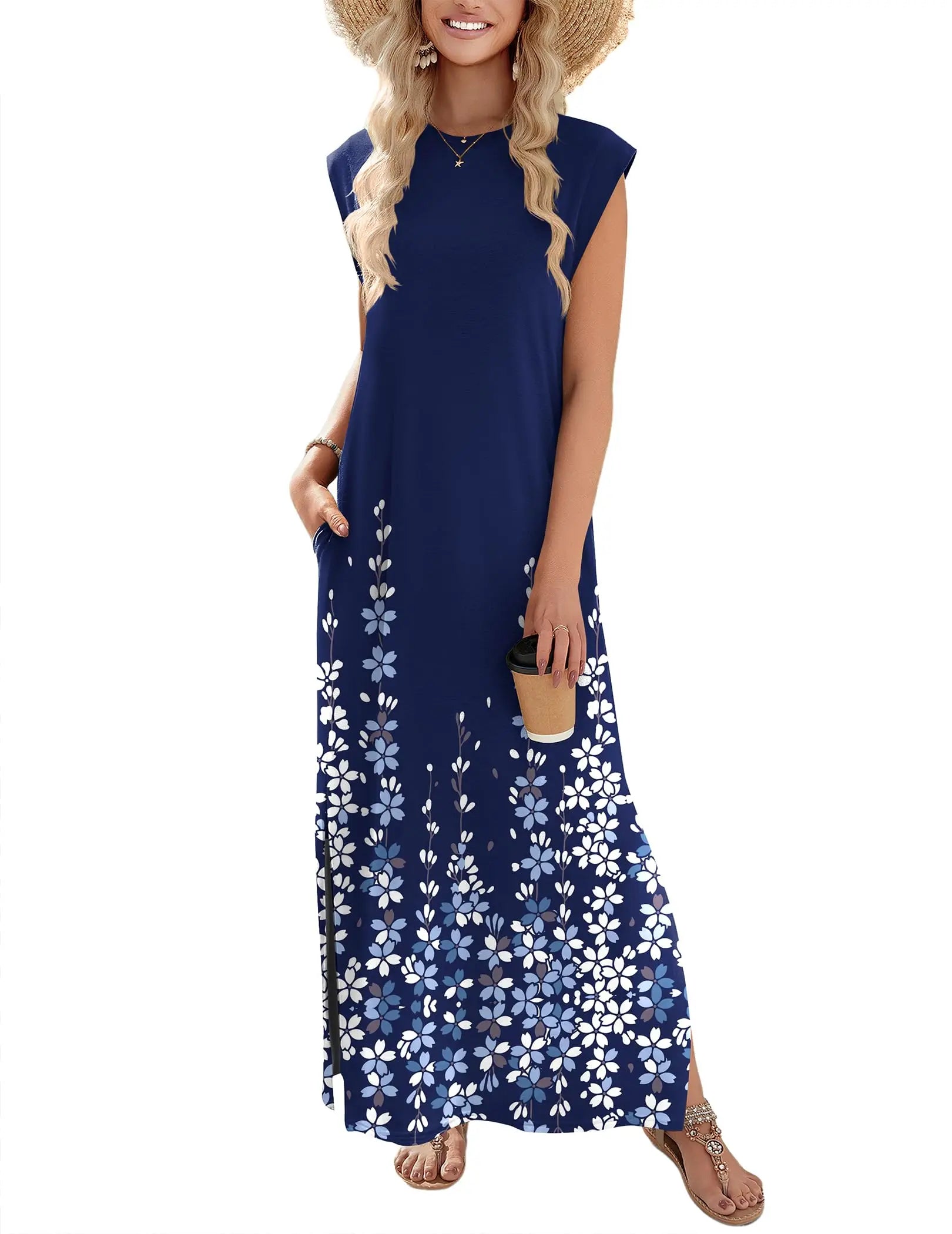 Loose Fit Sleeveless Floral Maxi Dress with Pockets for Casual Styling