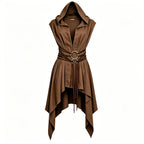 Earth-Toned Asymmetrical Hooded Sleeveless Tunic for Historical Fantasy Roleplay