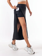 High Waist A-Line Midi Skirt with Front Slit Flowing Contemporary Casual Style