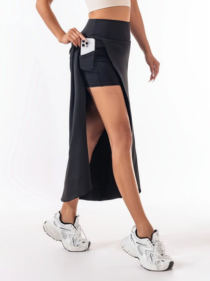 High Waist A-Line Midi Skirt with Front Slit Flowing Contemporary Casual Style