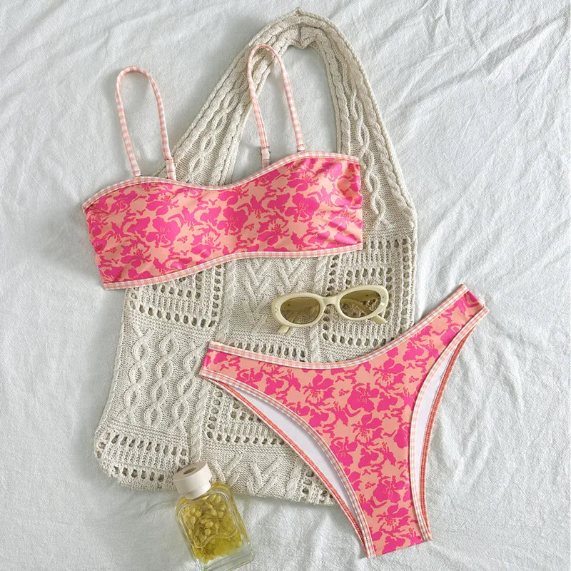Vibrant Pink Floral Bandeau Bikini with High-Cut Silhouette