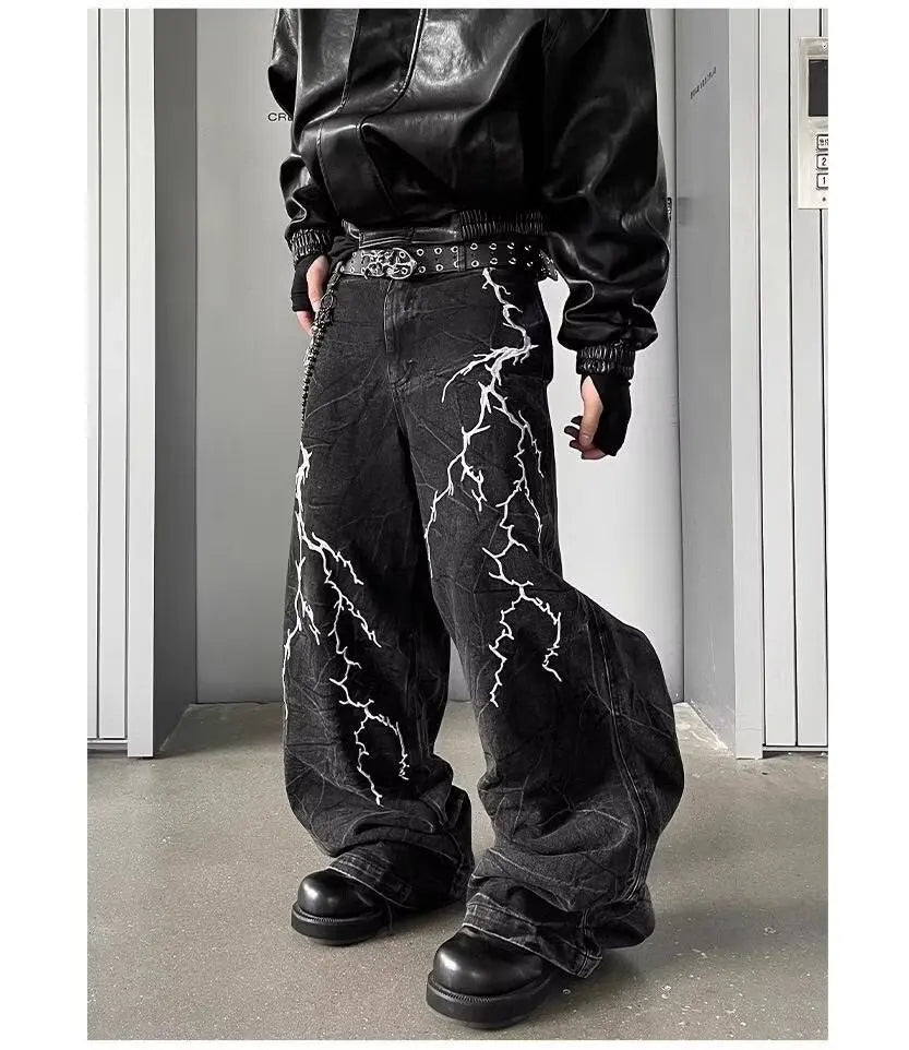 Men's Wide Leg Denim Jeans with Decorative Embroidery and Relaxed Streetwear Silhouette