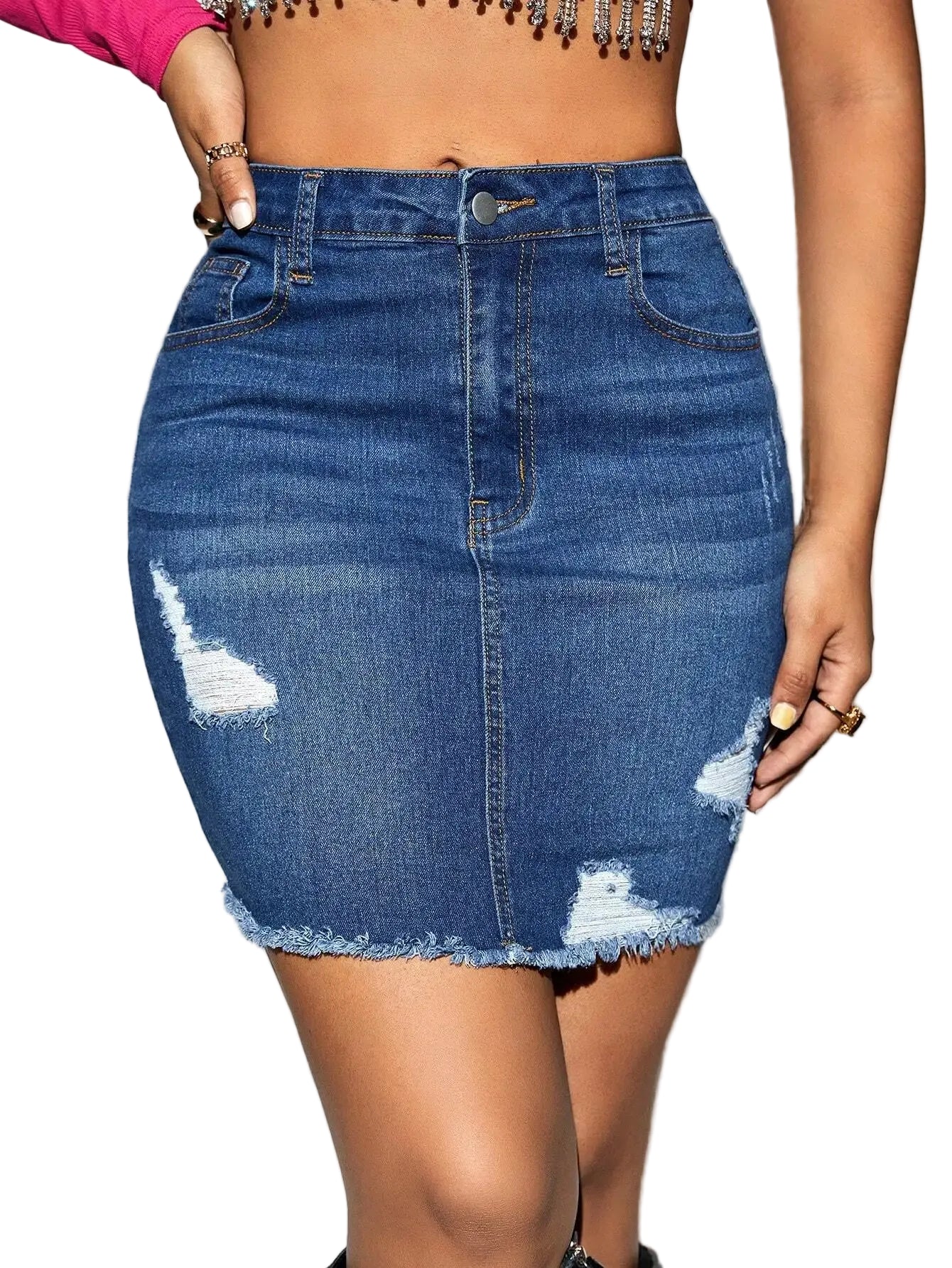 Distressed Raw Hem Denim Mini Skirt with Frayed Edge Streetwear Styling