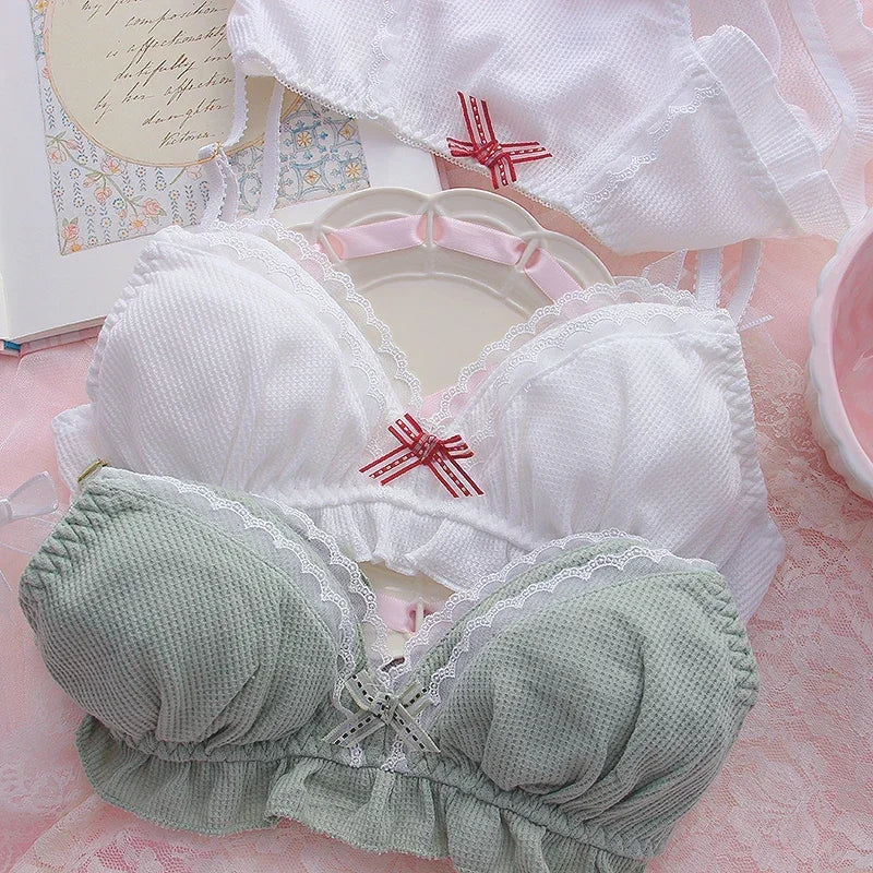 Sweet White Ruffled Cotton-Blend Bralette and Panty Set