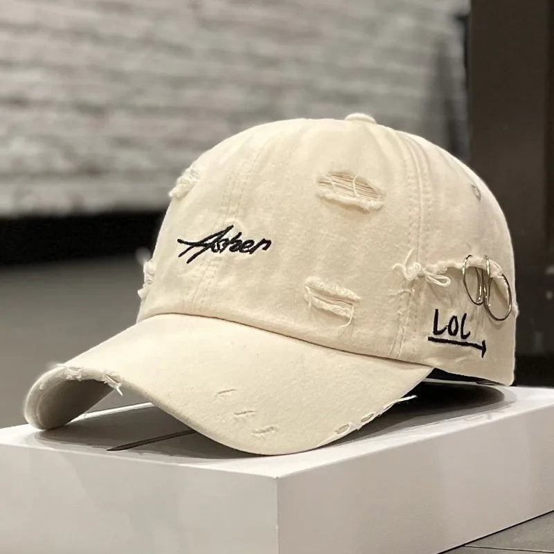 Vintage Distressed Embroidered Baseball Cap Adjustable Curved Brim Casual Streetwear Hat