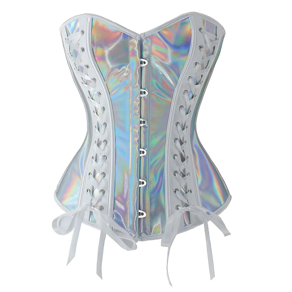 Iridescent Silver Holographic Overbust Corset with Front Busk and Ribbon Lace-Up Detailing