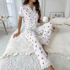 Women's Cherry Print Pajama Set with Button-Front Short-Sleeve Top and Matching Ankle-Length Pants, Lace-Trim Sleepwear