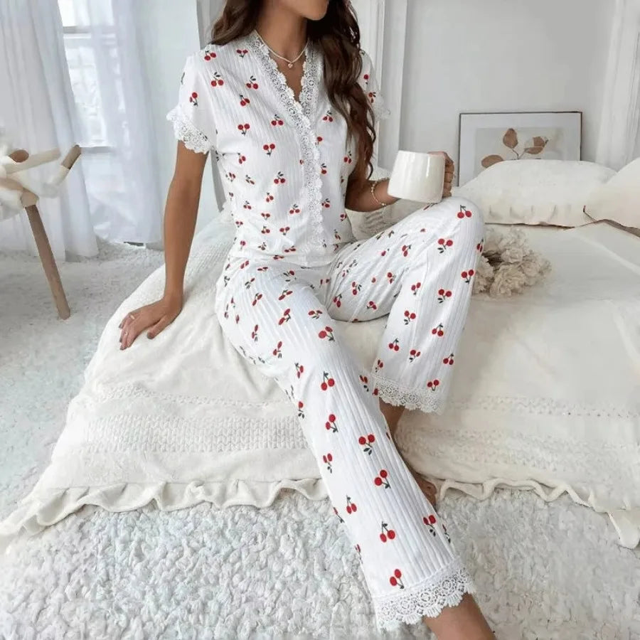 Women's Cherry Print Pajama Set with Button-Front Short-Sleeve Top and Matching Ankle-Length Pants, Lace-Trim Sleepwear
