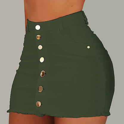 High Rise Button Front Stretch Denim Mini Skirt with Contoured Slim Fit