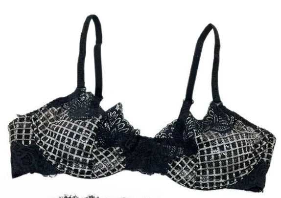 Elegant Silver Grey Floral Lace Underwire Bra with Blue Grid Accents