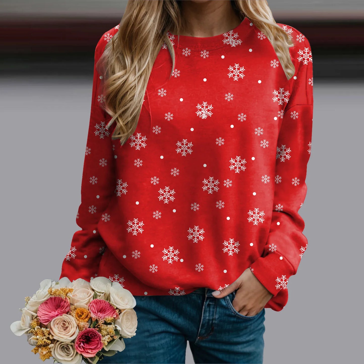 Women's Snowflake Pattern Crew Neck Sweatshirt for Cozy Seasonal Casual Everyday Style